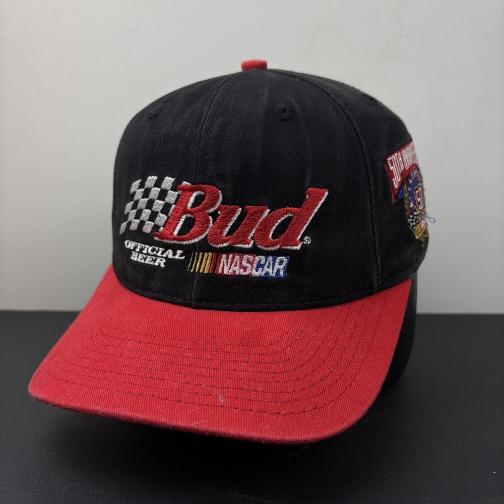 Vintage 90s Budweiser Nascar 50th Anniversary Snapback Hat Black Red Beer Promo